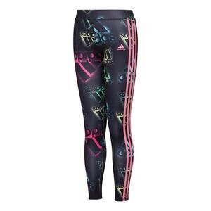 Adidas Girl's All Over Scatter Logo Leggings Size L (14) Black Pink NWT